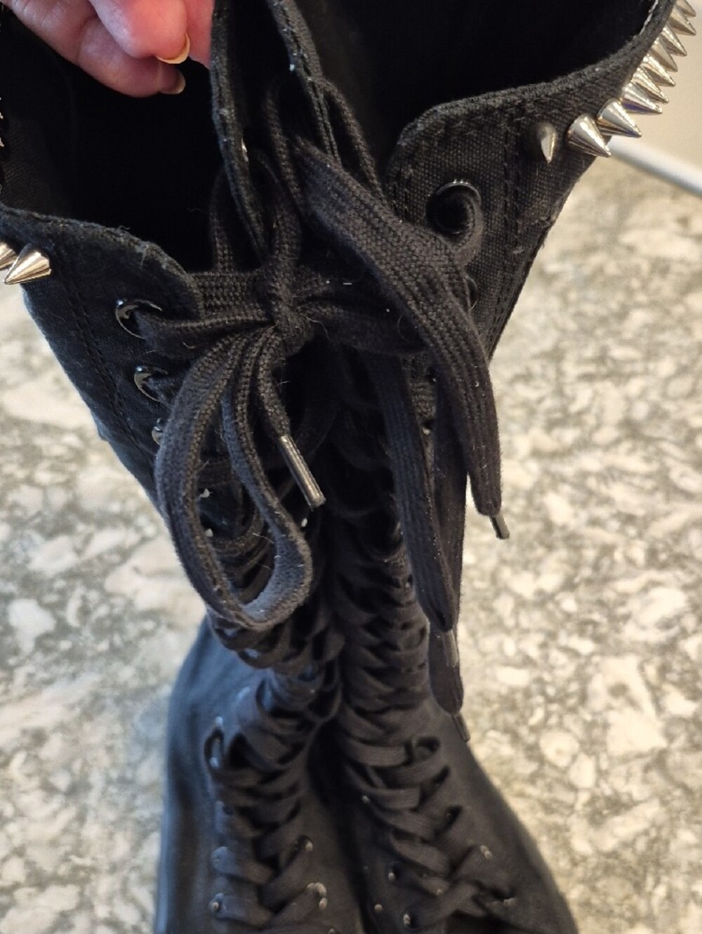 Converse All Stars Black Knee-High Lace-Up Canvas Boots with Pink Patch & Skull - Picture 11 of 13